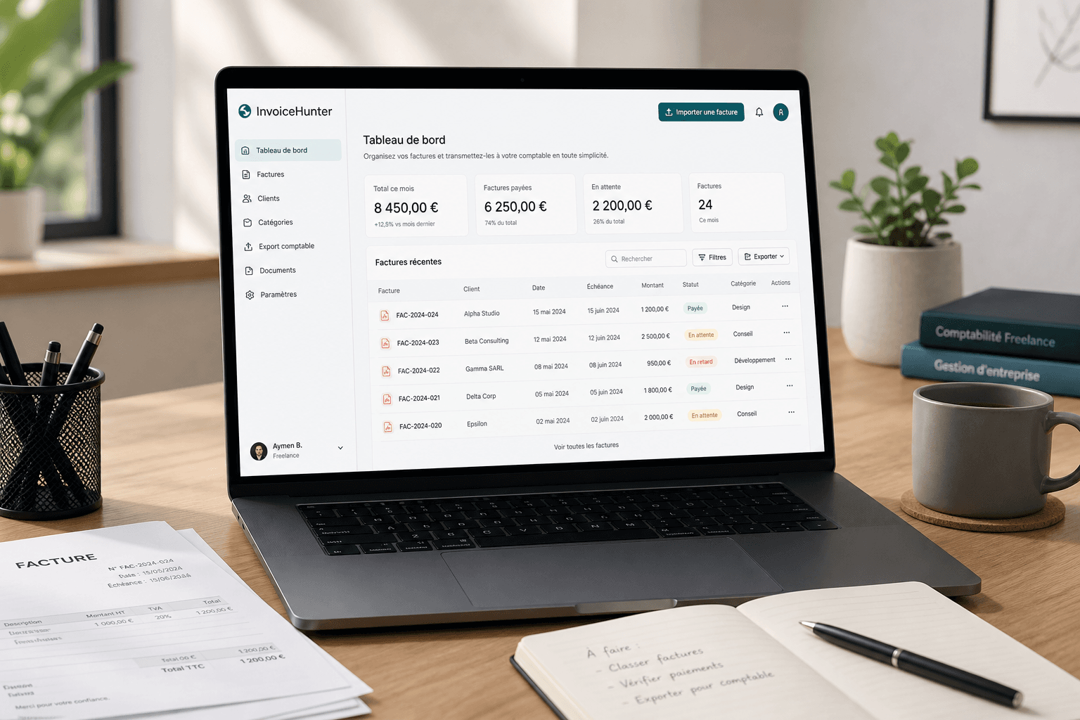 InvoiceHunter dashboard showing invoice uploads, review statuses, and export controls